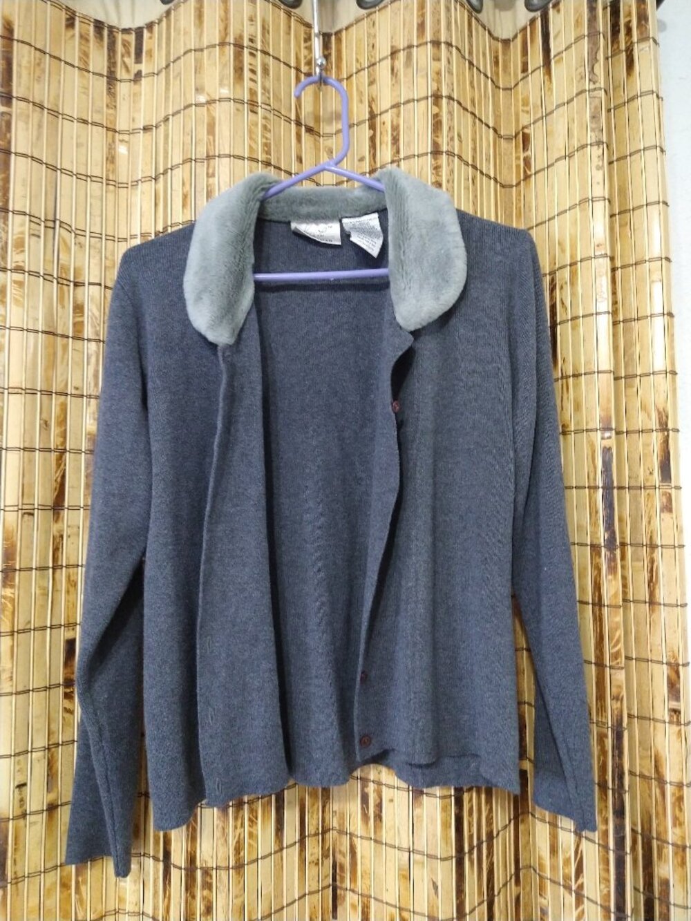 Vintage Kathie Lee Collection Gray Cardigan w/ Faux Fur Collar Size XL